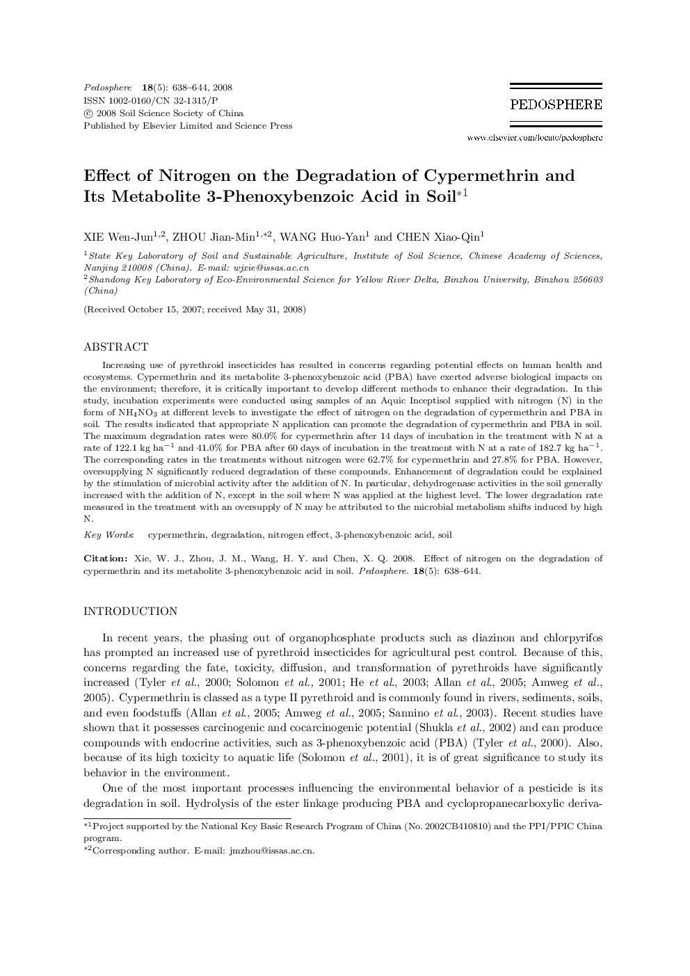 Effect of Nitrogen on the Degradation of Cypermethrin and Its Metabolite 3-Phenoxybenzoic Acid in Soil*1 