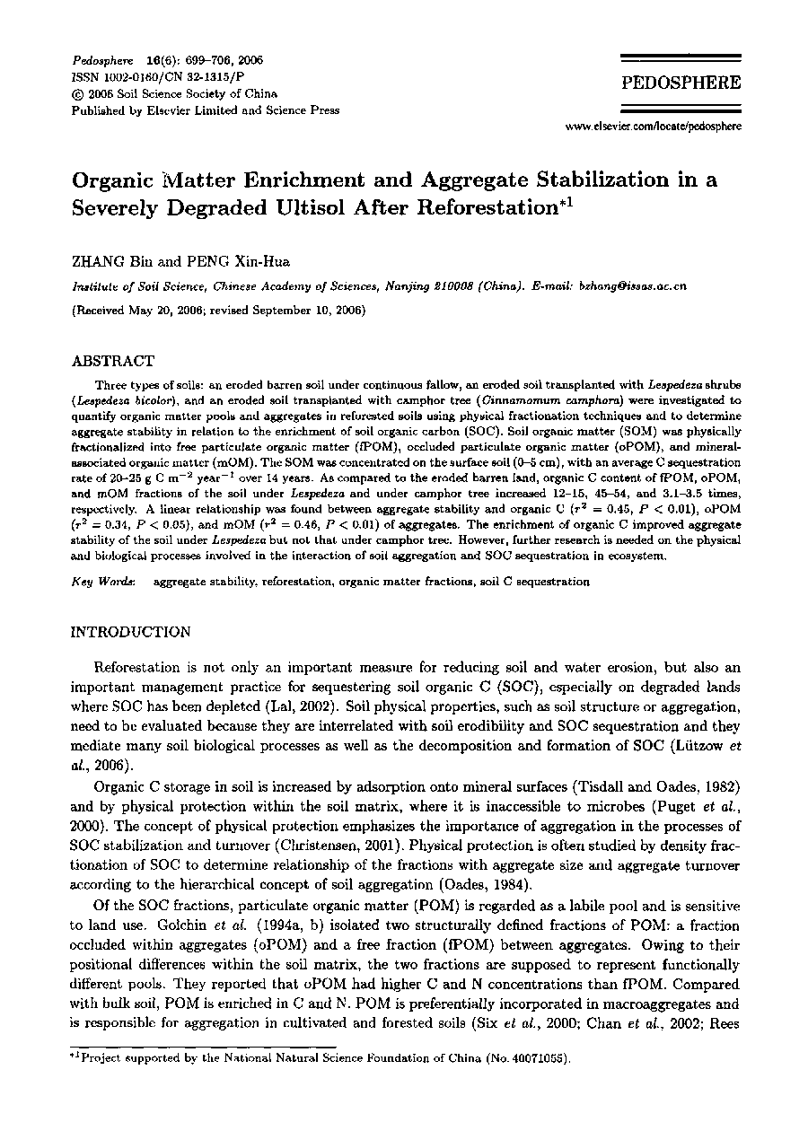 Organic Matter Enrichment and Aggregate Stabilization in a Severely Degraded Ultisol After Reforestation1 