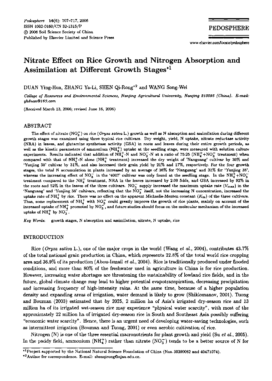 Nitrate Effect on Rice Growth and Nitrogen Absorption and Assimilation at Different Growth Stages1 