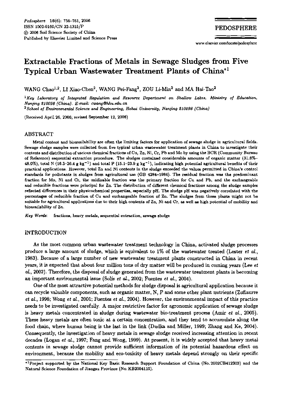 Extractable Fractions of Metals in Sewage Sludges from Five Typical Urban Wastewater Treatment Plants of China1 