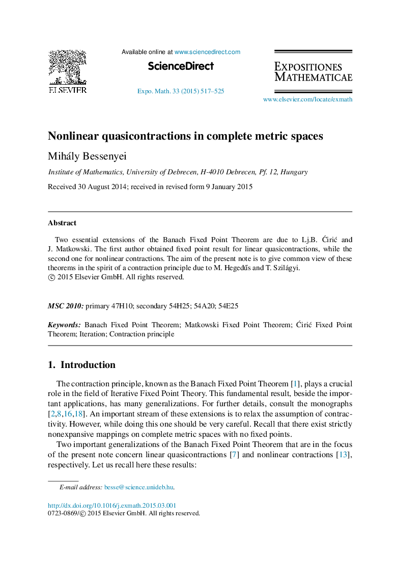 Nonlinear quasicontractions in complete metric spaces