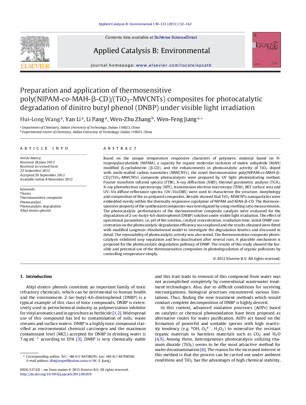 Preparation and application of thermosensitive poly(NIPAM-co-MAH-β-CD)/(TiO2-MWCNTs) composites for photocatalytic degradation of dinitro butyl phenol (DNBP) under visible light irradiation