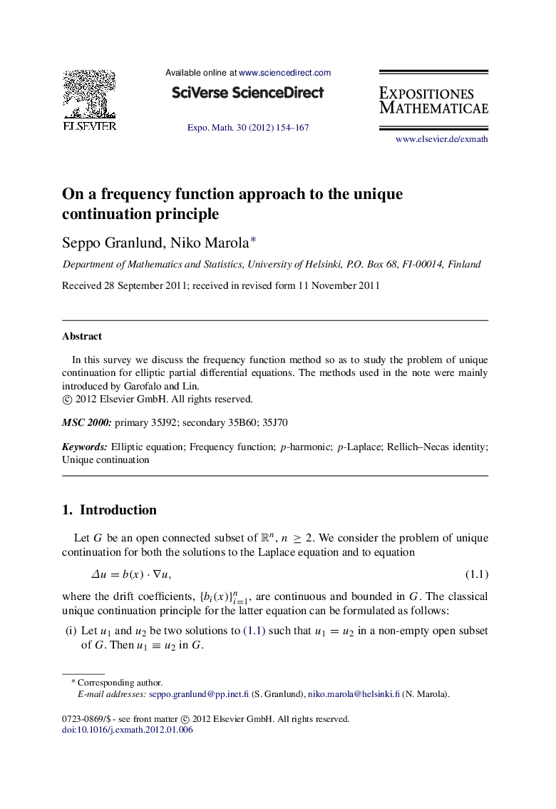 On a frequency function approach to the unique continuation principle