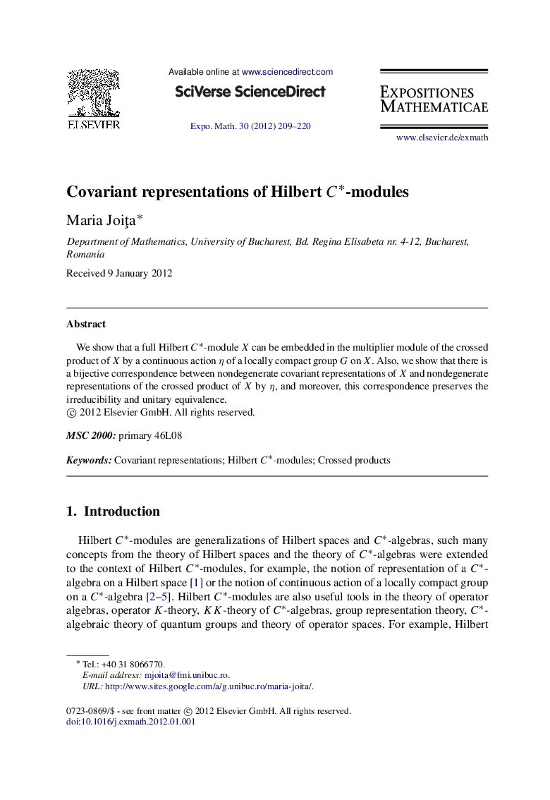 Covariant representations of Hilbert C∗C∗-modules