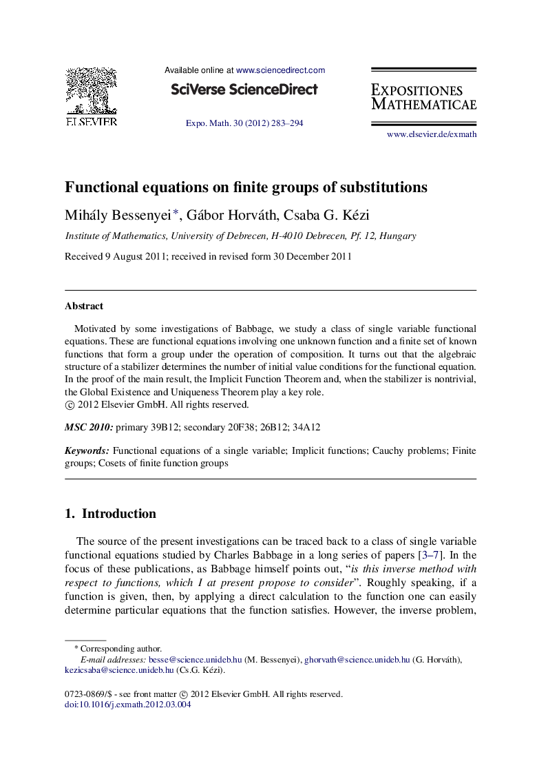 Functional equations on finite groups of substitutions