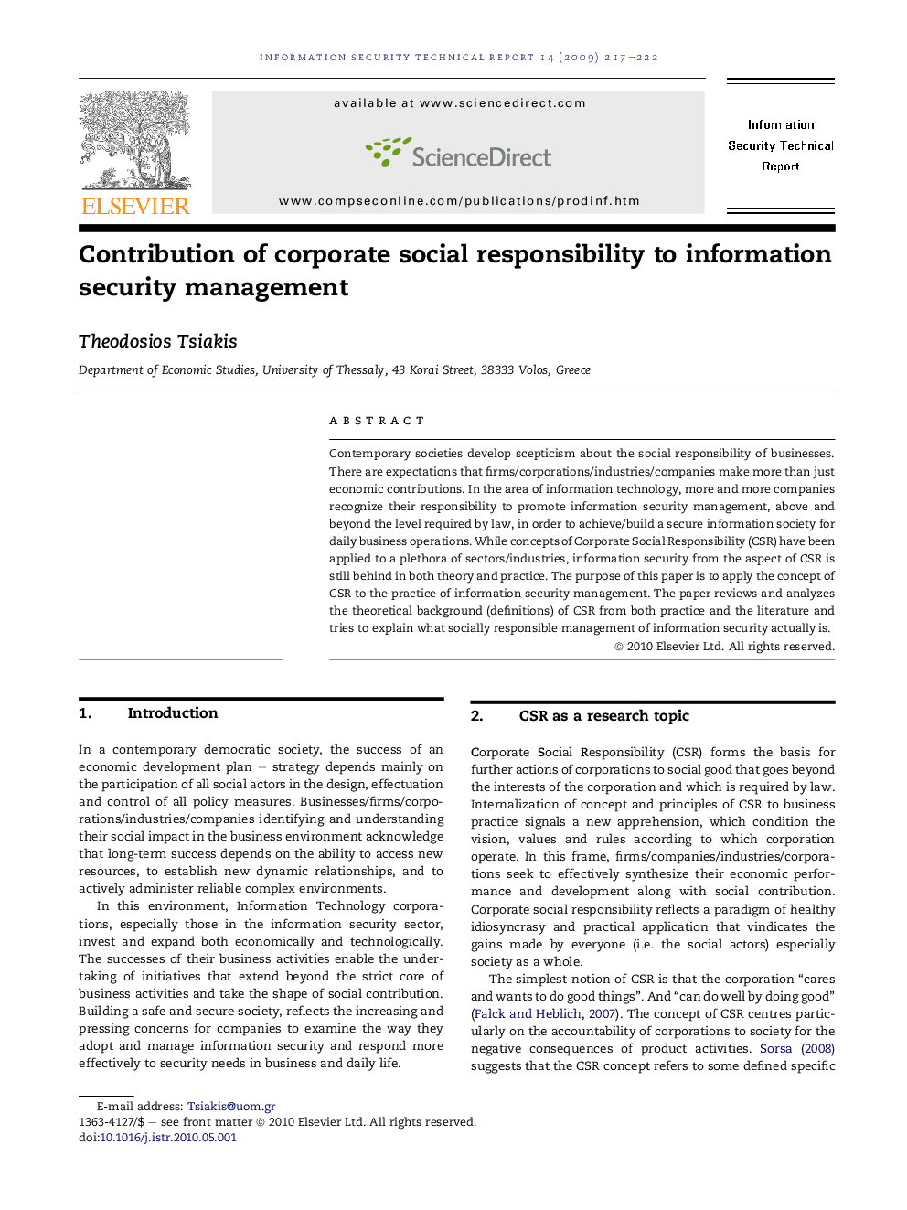 Contribution of corporate social responsibility to information security management