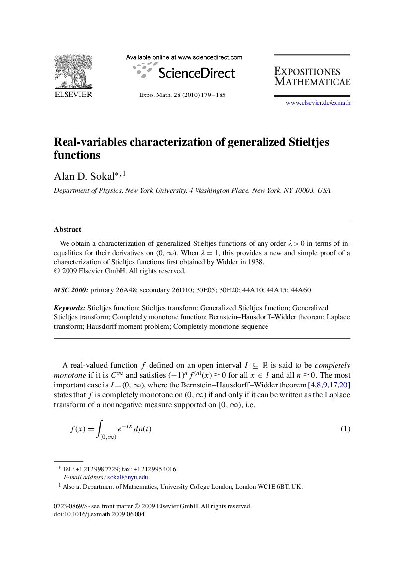عکس صفحه اول مقاله: Real-variables characterization of generalized Stieltjes functions Real-variables characterization of generalized Stieltjes functions