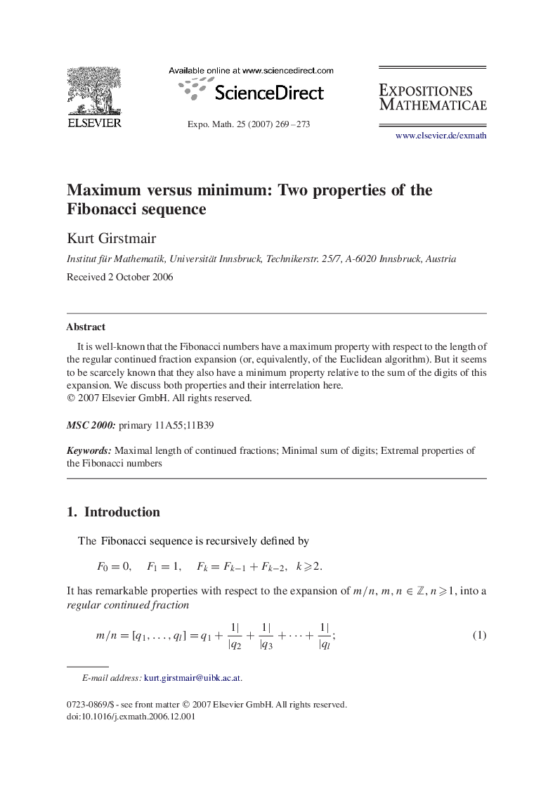 Maximum versus minimum: Two properties of the Fibonacci sequence