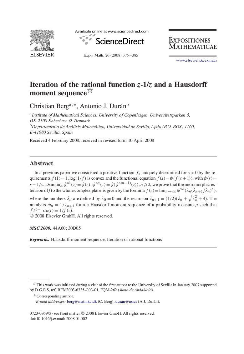 Iteration of the rational function z-1/z and a Hausdorff moment sequence 