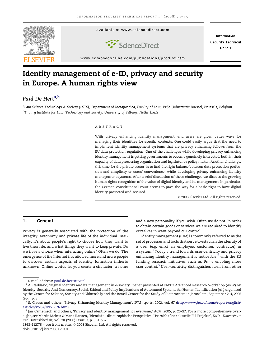 Identity management of e-ID, privacy and security in Europe. A human rights view
