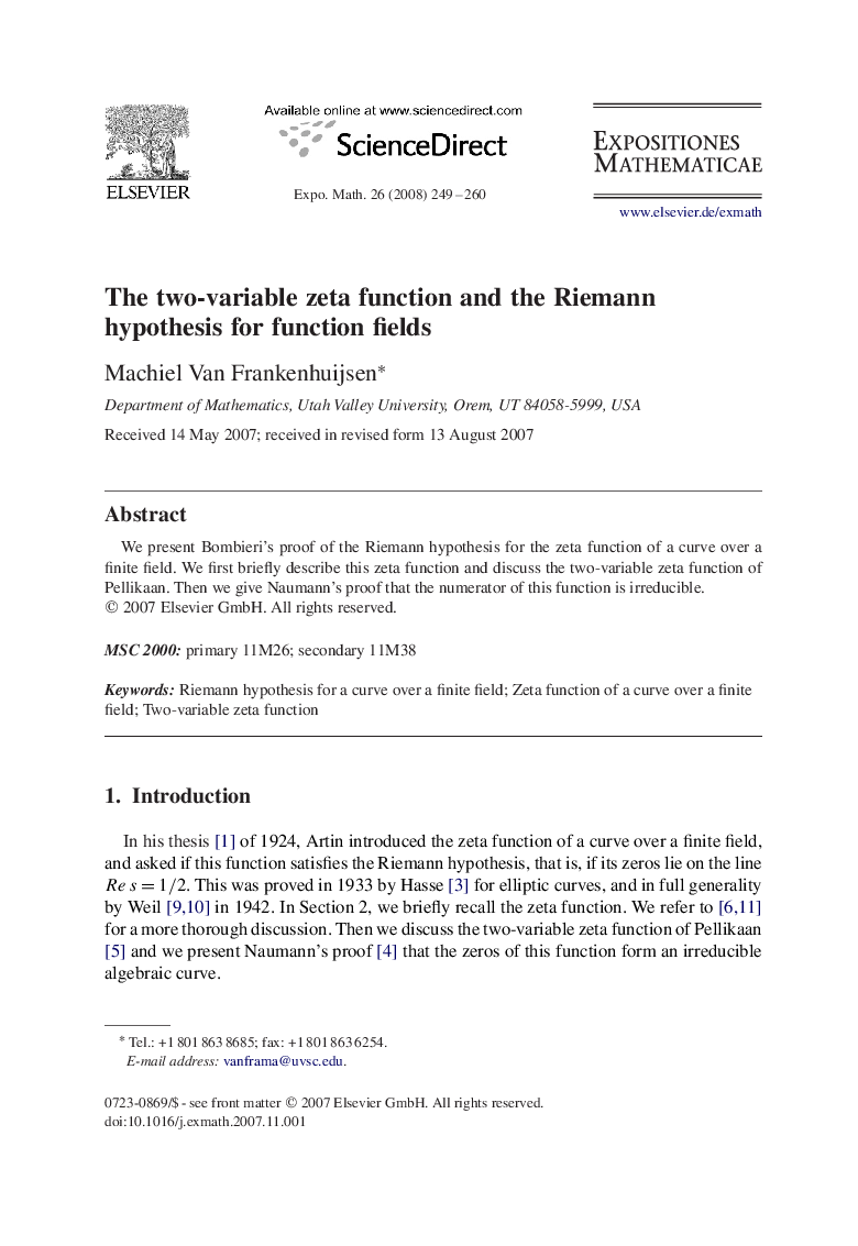 The two-variable zeta function and the Riemann hypothesis for function fields