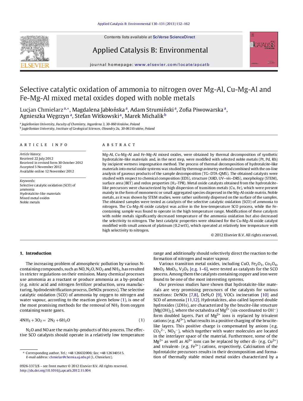 Selective catalytic oxidation of ammonia to nitrogen over Mg-Al, Cu-Mg-Al and Fe-Mg-Al mixed metal oxides doped with noble metals