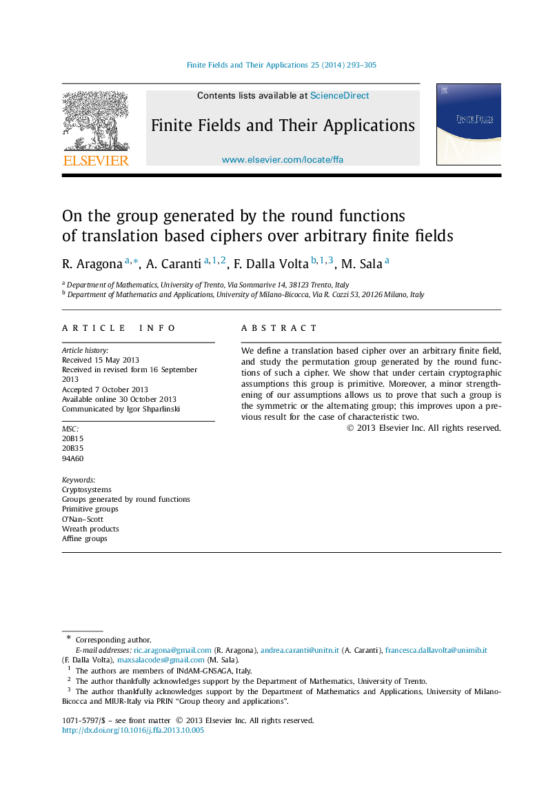 On the group generated by the round functions of translation based ciphers over arbitrary finite fields