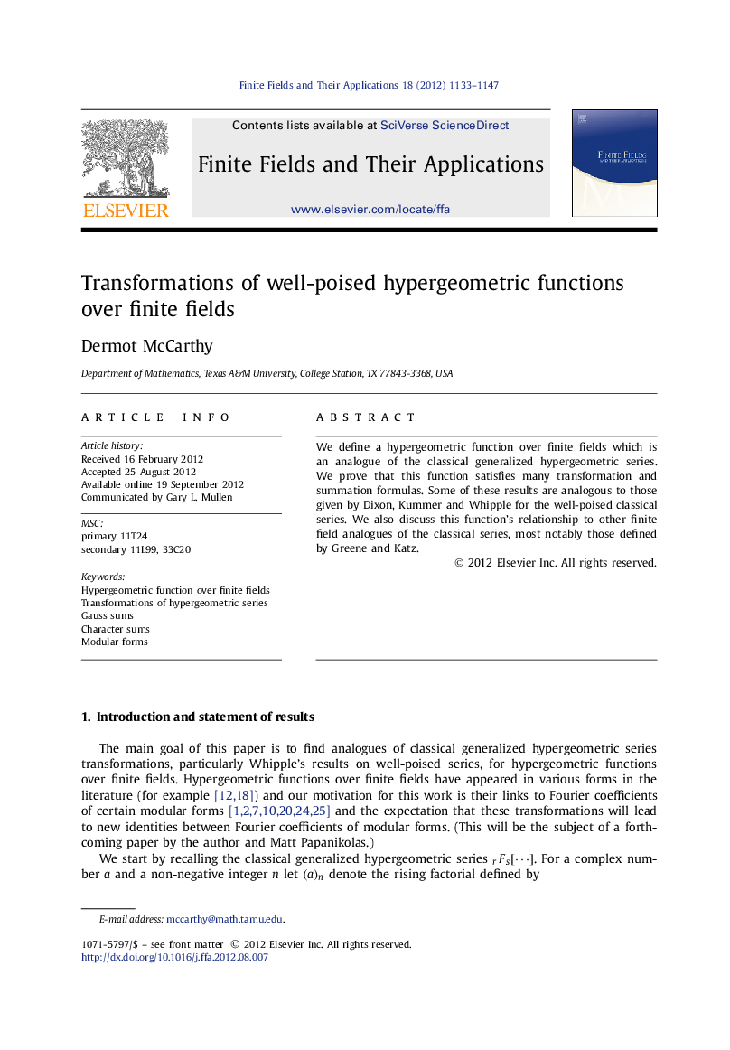 عکس صفحه اول مقاله: Transformations of well-poised hypergeometric functions over finite fields Transformations of well-poised hypergeometric functions over finite fields