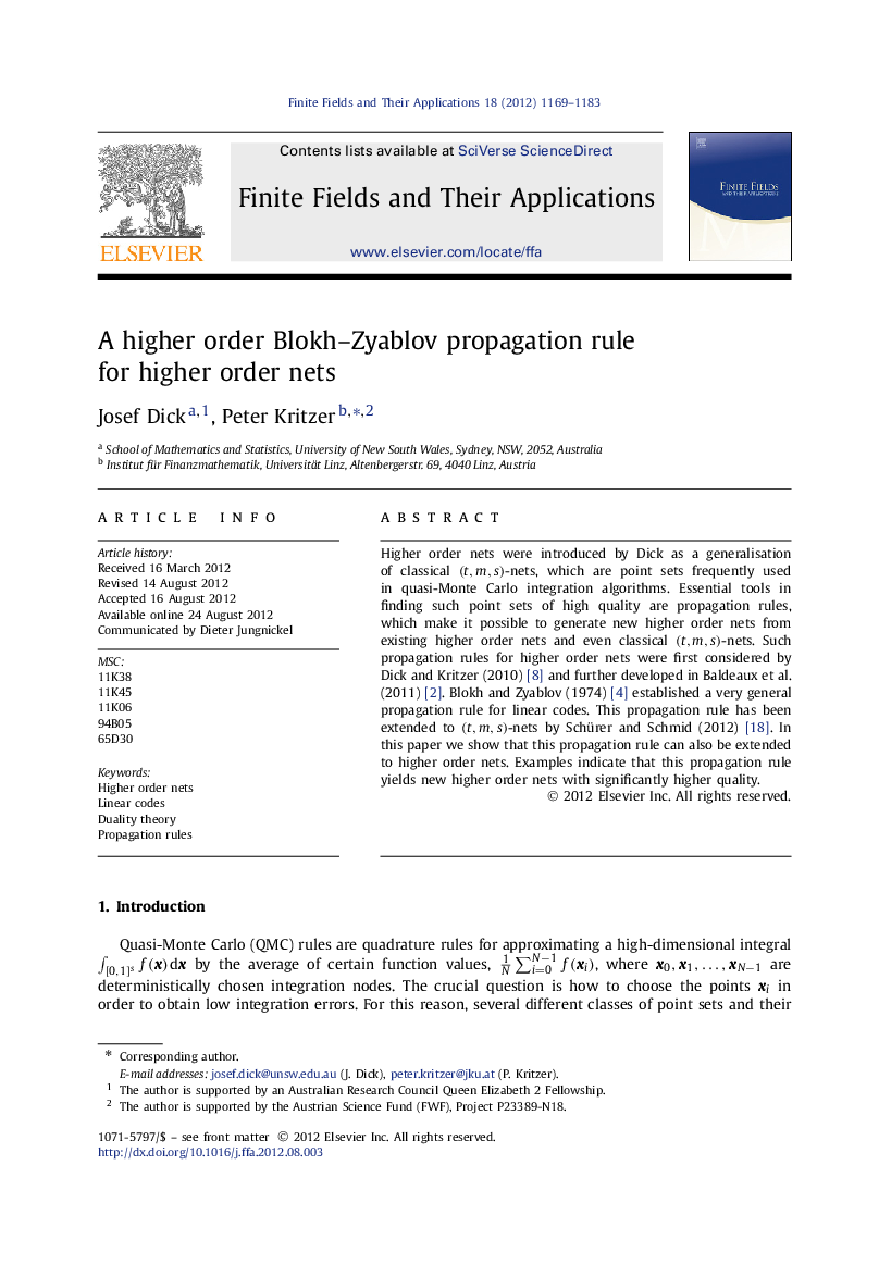 عکس صفحه اول مقاله: A higher order Blokh–Zyablov propagation rule for higher order nets A higher order Blokh–Zyablov propagation rule for higher order nets