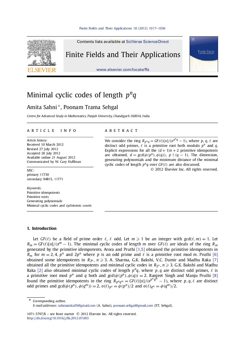 Minimal cyclic codes of length pnq