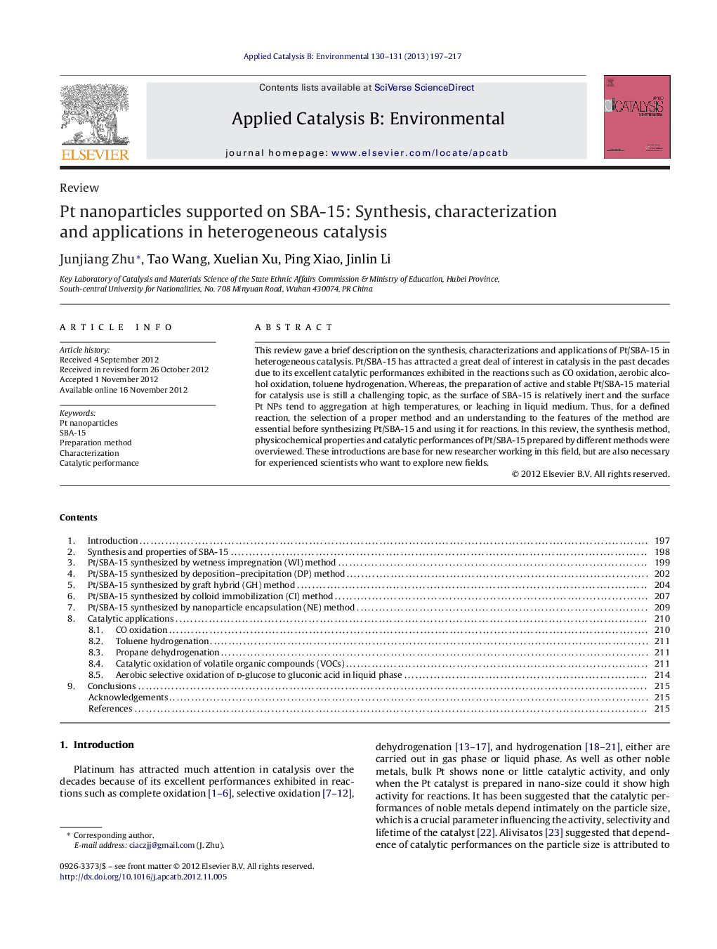 Pt nanoparticles supported on SBA-15: Synthesis, characterization and applications in heterogeneous catalysis