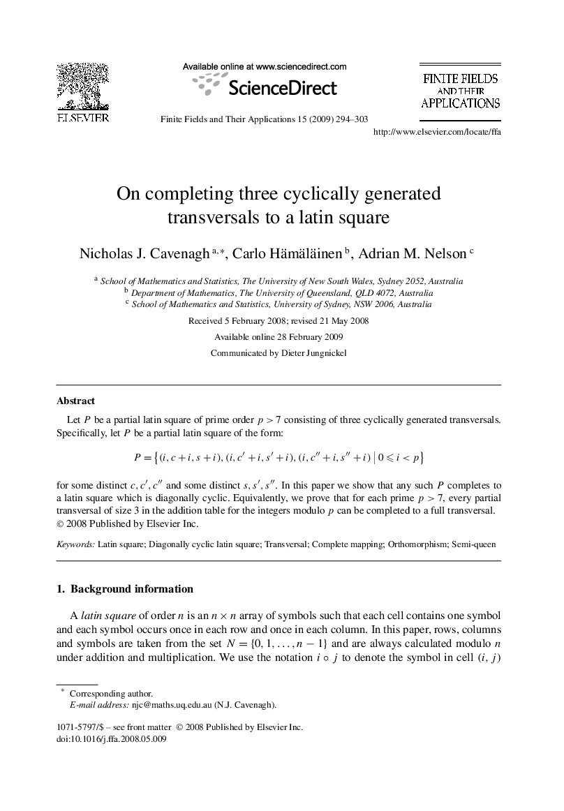 On completing three cyclically generated transversals to a latin square