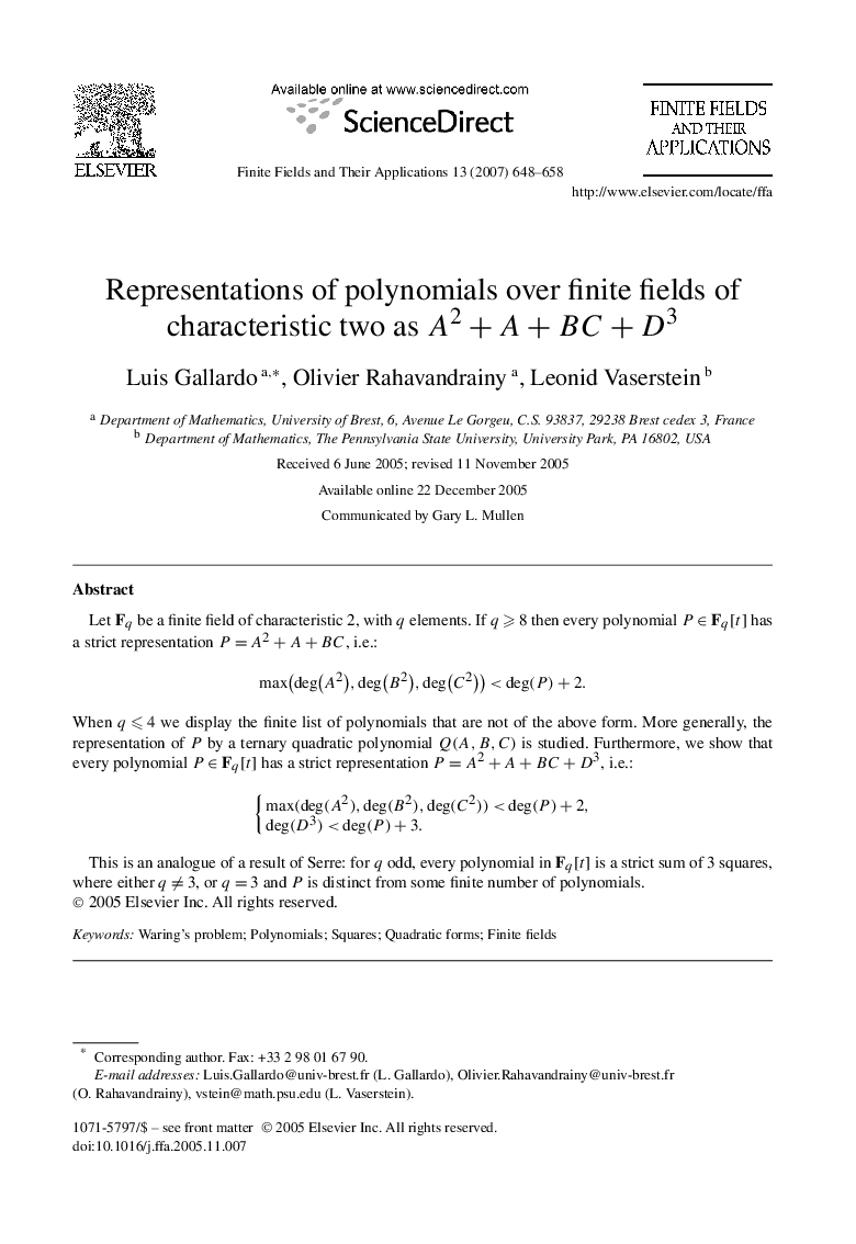 Representations of polynomials over finite fields of characteristic two as A2+A+BC+D3A2+A+BC+D3