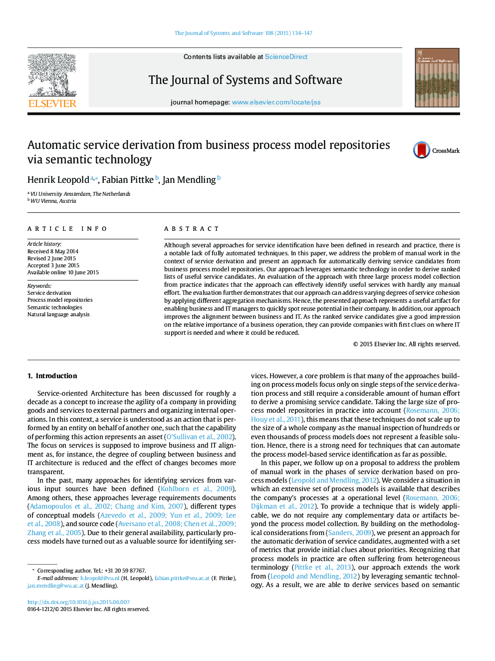 Automatic service derivation from business process model repositories via semantic technology