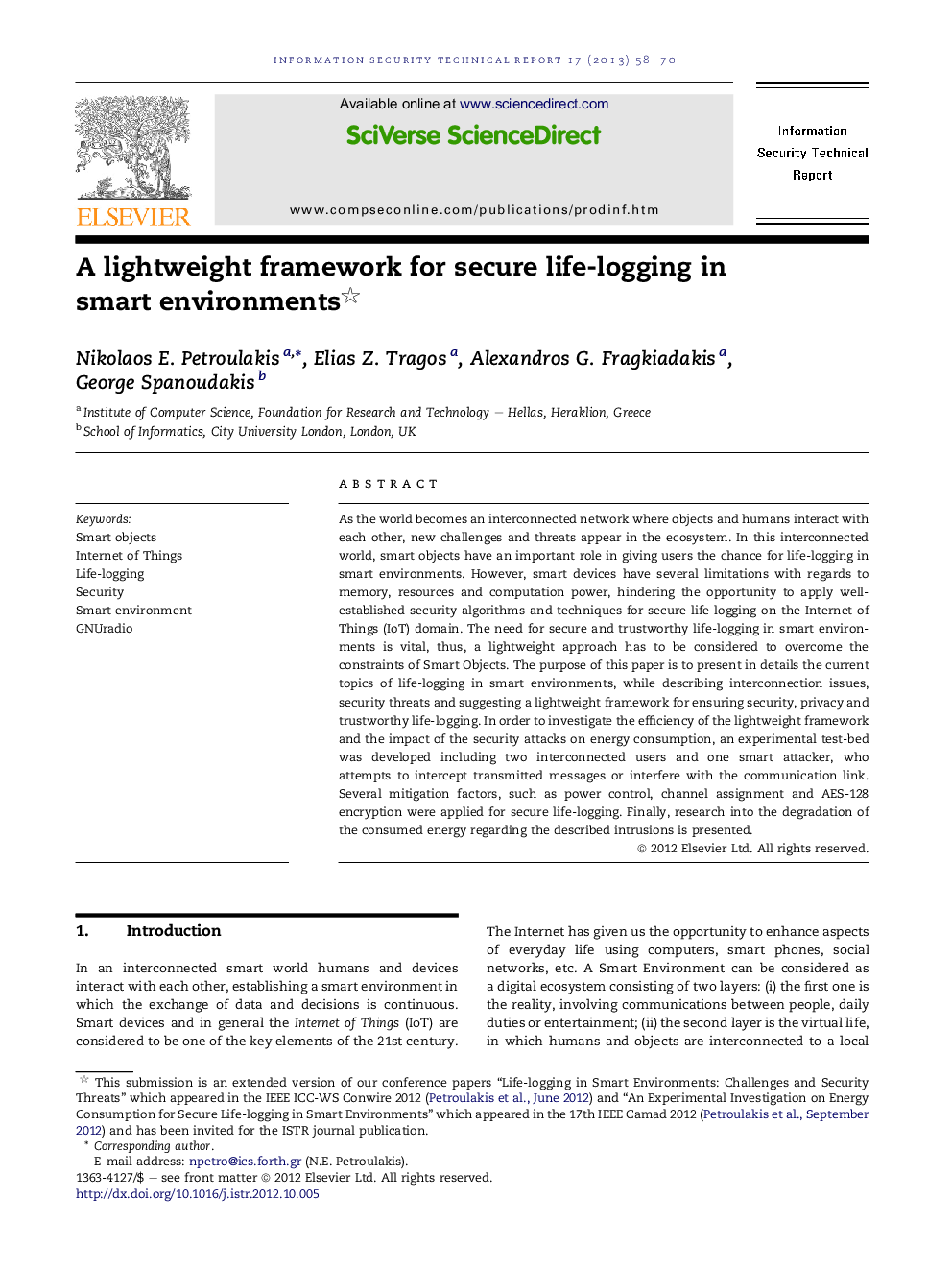 A lightweight framework for secure life-logging in smart environments 