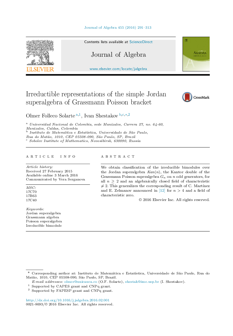 Irreductible representations of the simple Jordan superalgebra of Grassmann Poisson bracket