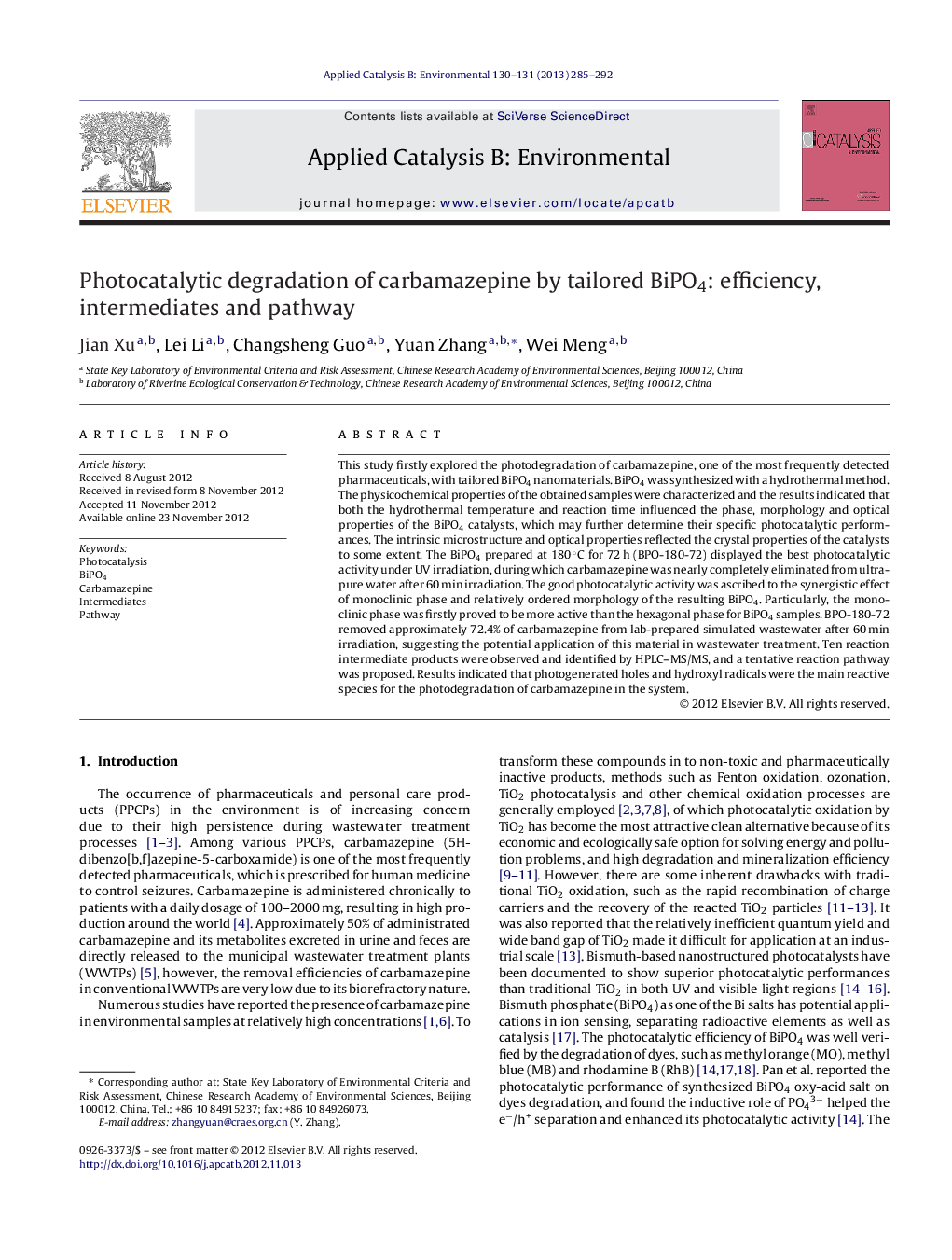 Photocatalytic degradation of carbamazepine by tailored BiPO4: efficiency, intermediates and pathway