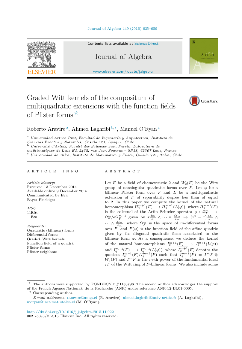 عکس صفحه اول مقاله: Graded Witt kernels of the compositum of multiquadratic extensions with the function fields of Pfister forms Graded Witt kernels of the compositum of multiquadratic extensions with the function fields of Pfister forms