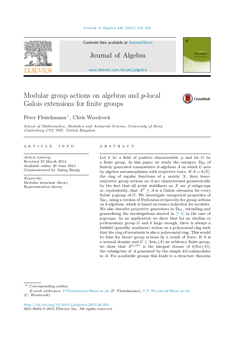 Modular group actions on algebras and p-local Galois extensions for finite groups