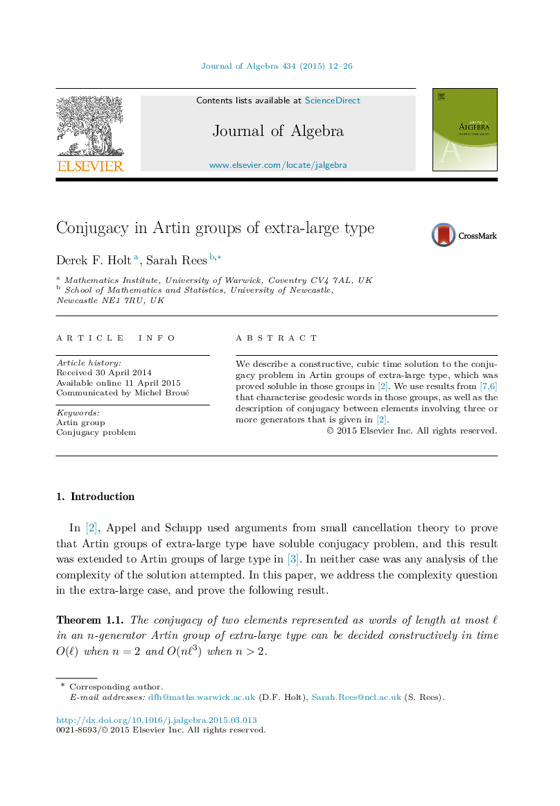 عکس صفحه اول مقاله: Conjugacy in Artin groups of extra-large type Conjugacy in Artin groups of extra-large type