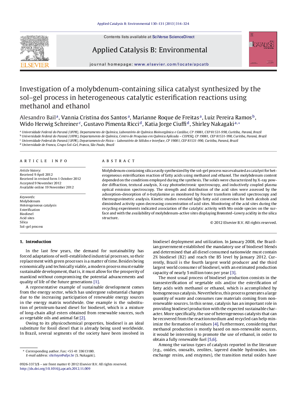 Investigation of a molybdenum-containing silica catalyst synthesized by the sol–gel process in heterogeneous catalytic esterification reactions using methanol and ethanol