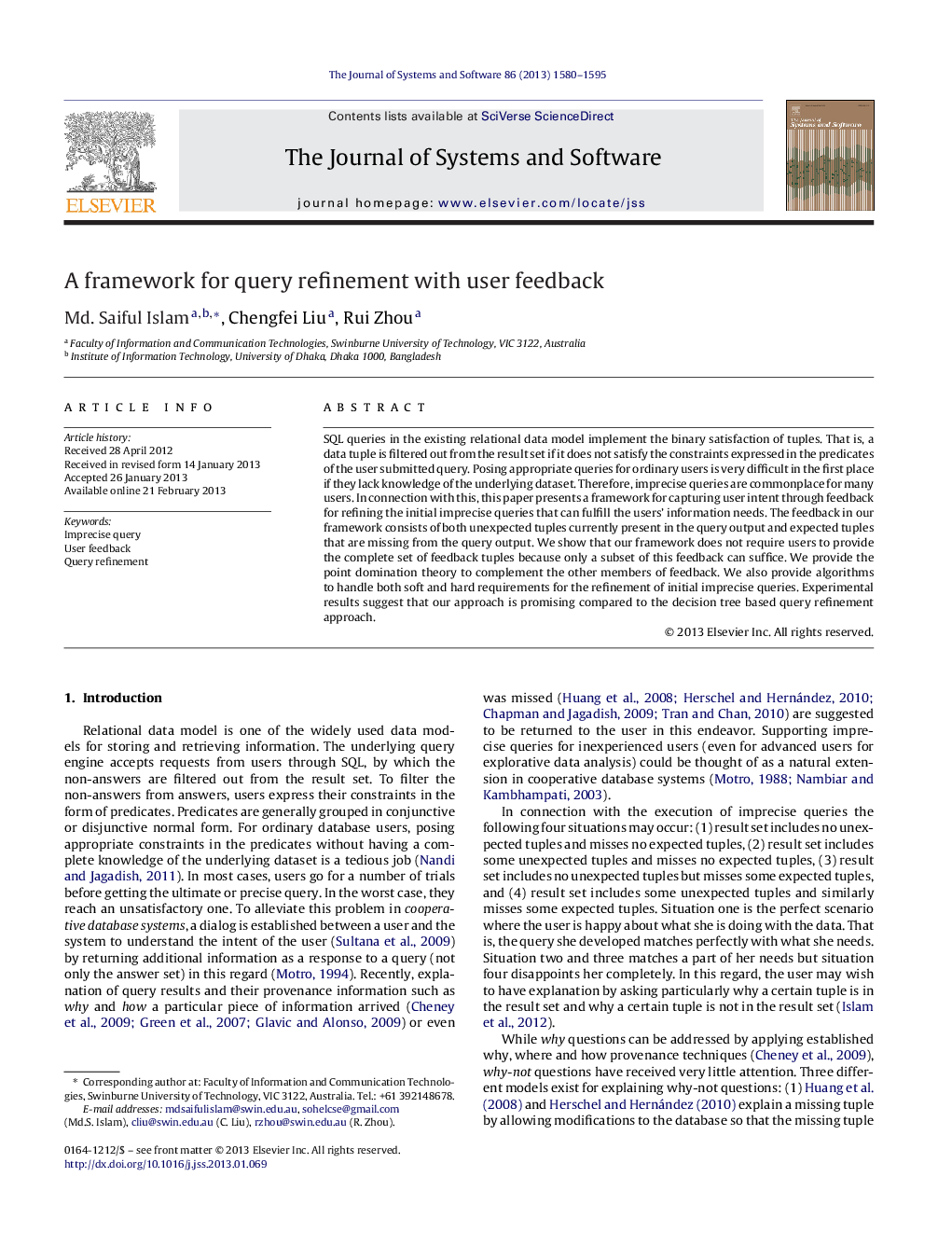 A framework for query refinement with user feedback