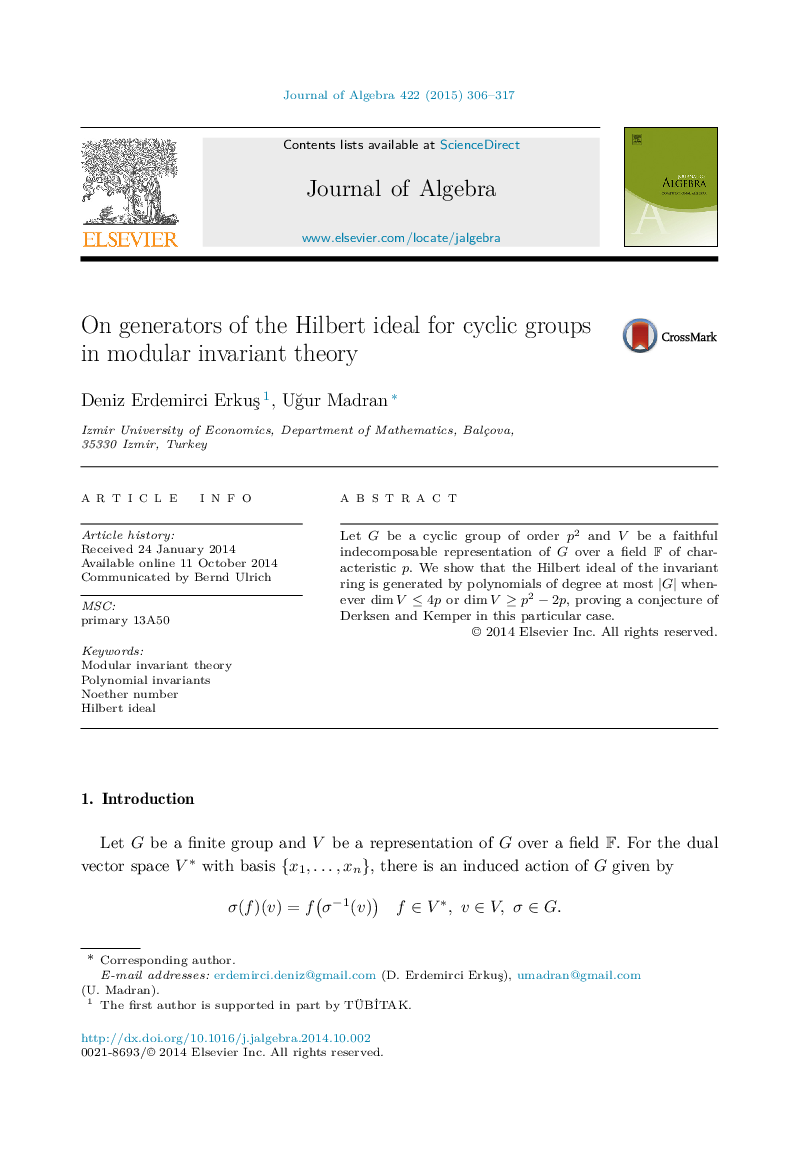 عکس صفحه اول مقاله: On generators of the Hilbert ideal for cyclic groups in modular invariant theory On generators of the Hilbert ideal for cyclic groups in modular invariant theory