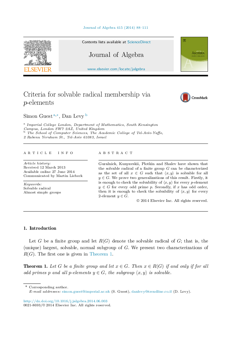 عکس صفحه اول مقاله: Criteria for solvable radical membership via p-elements Criteria for solvable radical membership via p-elements