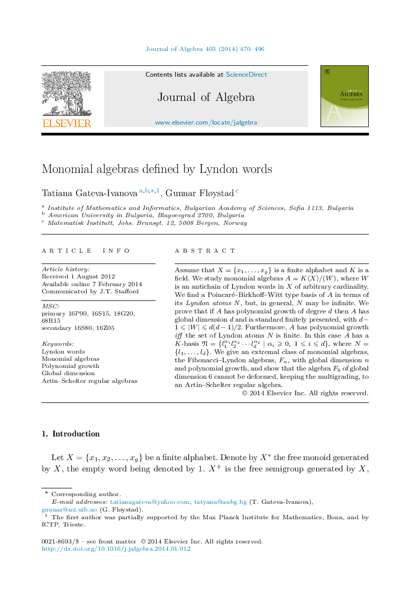 Monomial algebras defined by Lyndon words