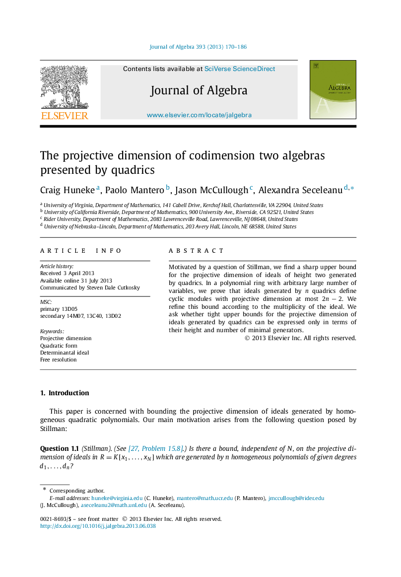 The projective dimension of codimension two algebras presented by quadrics