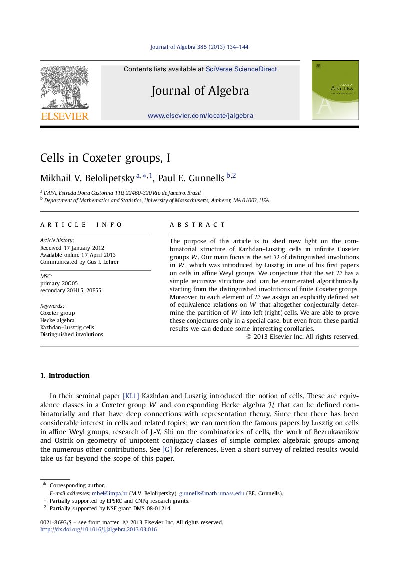 Cells in Coxeter groups, I