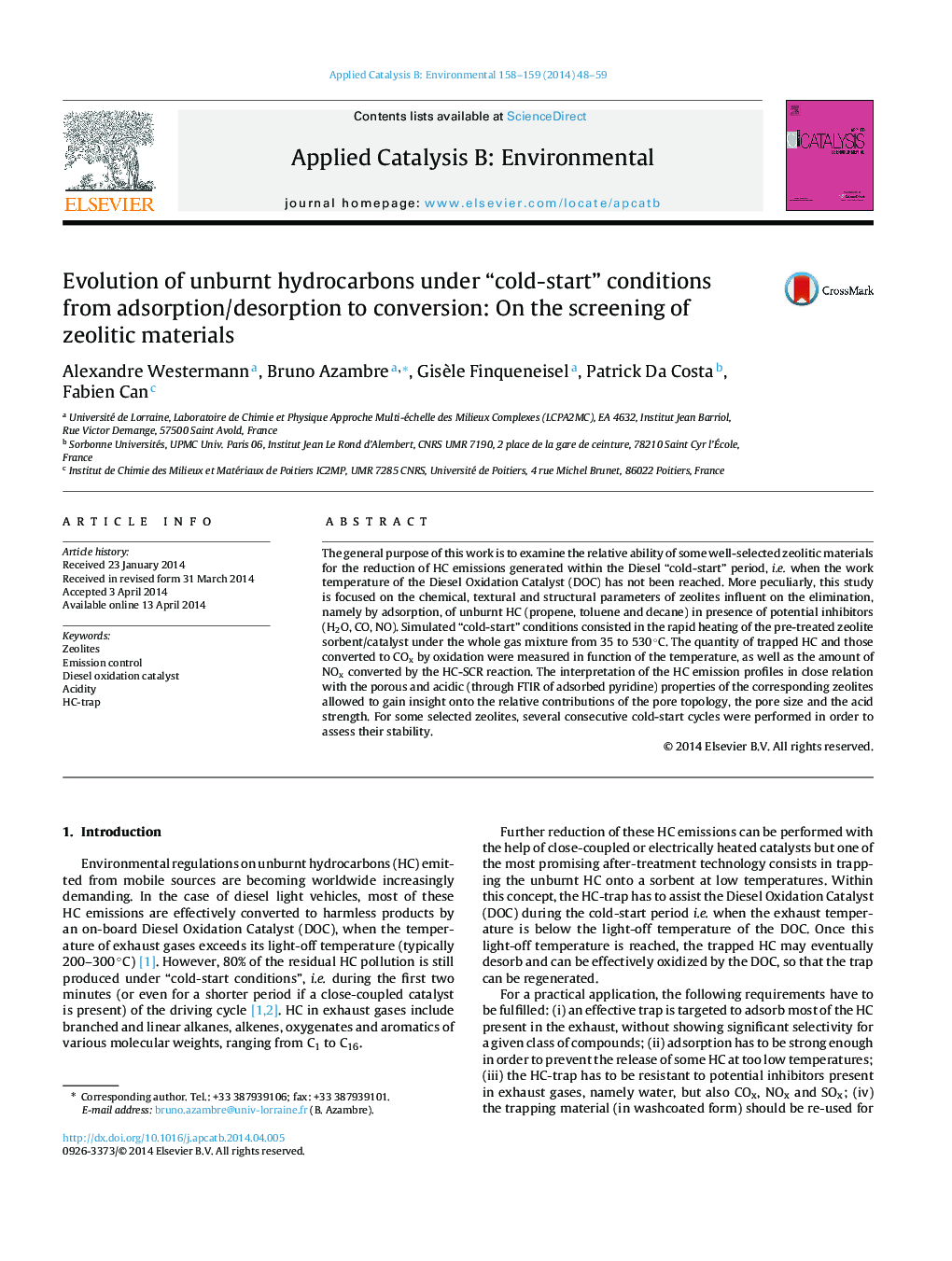 Evolution of unburnt hydrocarbons under “cold-start” conditions from adsorption/desorption to conversion: On the screening of zeolitic materials