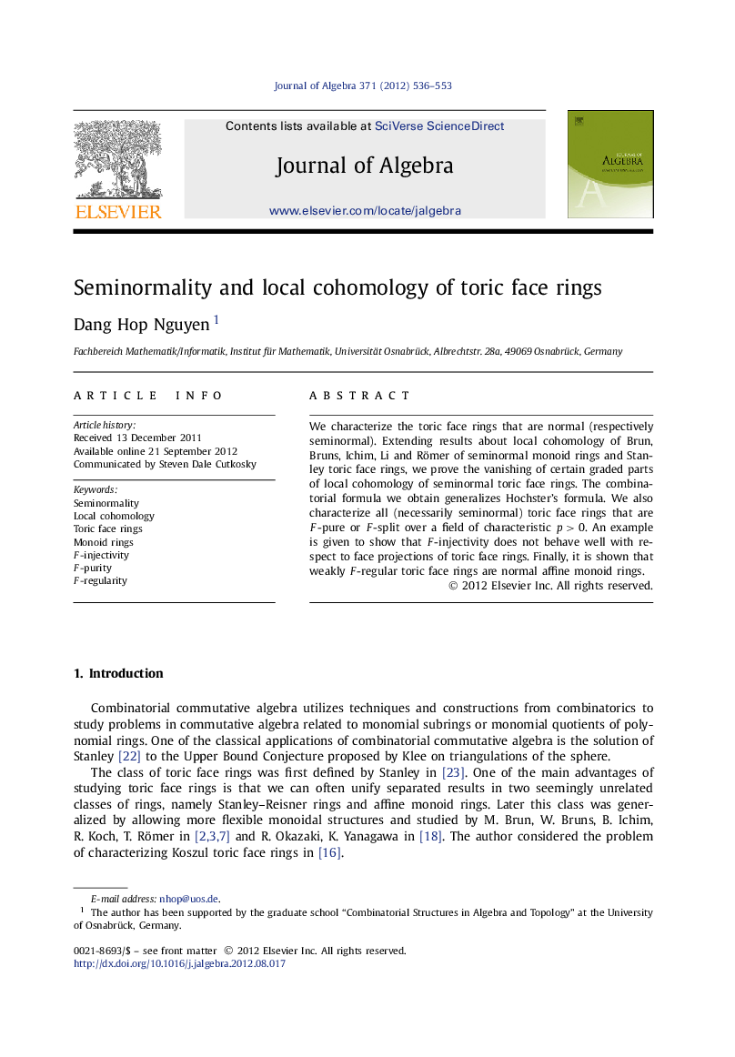 عکس صفحه اول مقاله: Seminormality and local cohomology of toric face rings Seminormality and local cohomology of toric face rings
