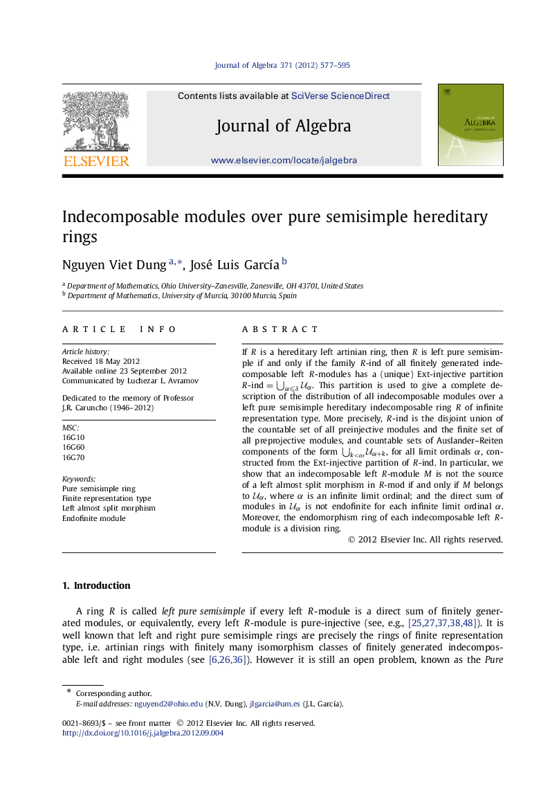 عکس صفحه اول مقاله: Indecomposable modules over pure semisimple hereditary rings Indecomposable modules over pure semisimple hereditary rings