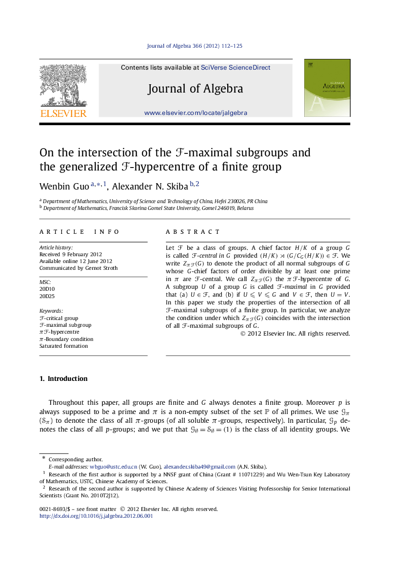 عکس صفحه اول مقاله: On the intersection of the F-maximal subgroups and the generalized F-hypercentre of a finite group On the intersection of the F-maximal subgroups and the generalized F-hypercentre of a finite group