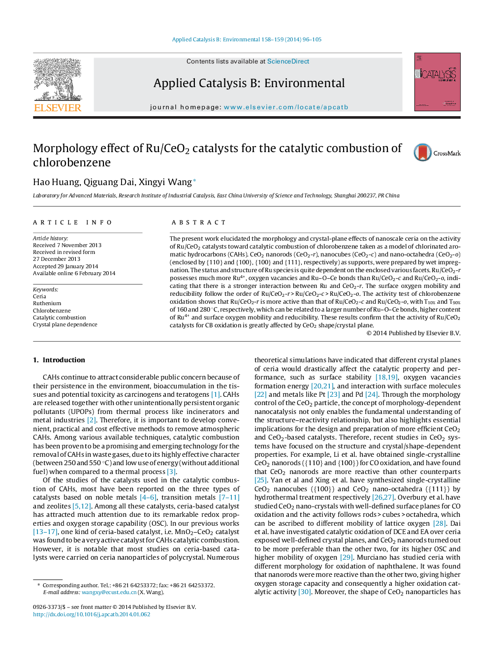 Morphology effect of Ru/CeO2 catalysts for the catalytic combustion of chlorobenzene