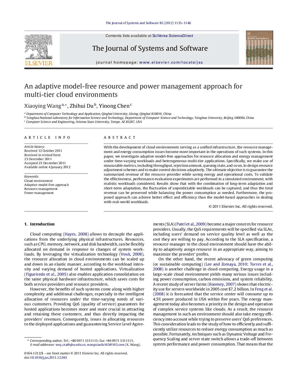 An adaptive model-free resource and power management approach for multi-tier cloud environments