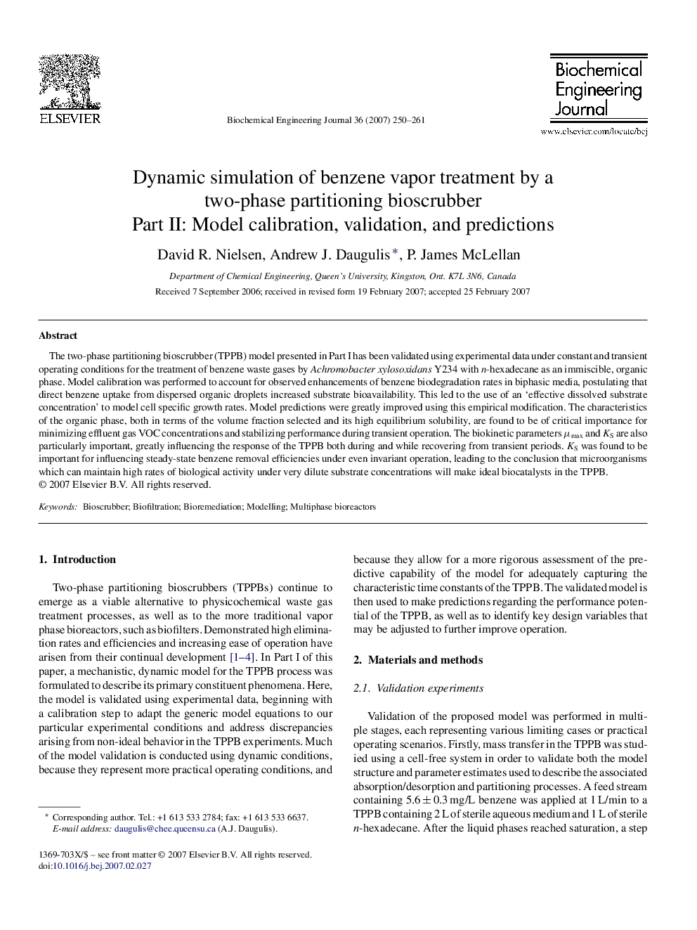 Dynamic simulation of benzene vapor treatment by a two-phase partitioning bioscrubber: Part II: Model calibration, validation, and predictions