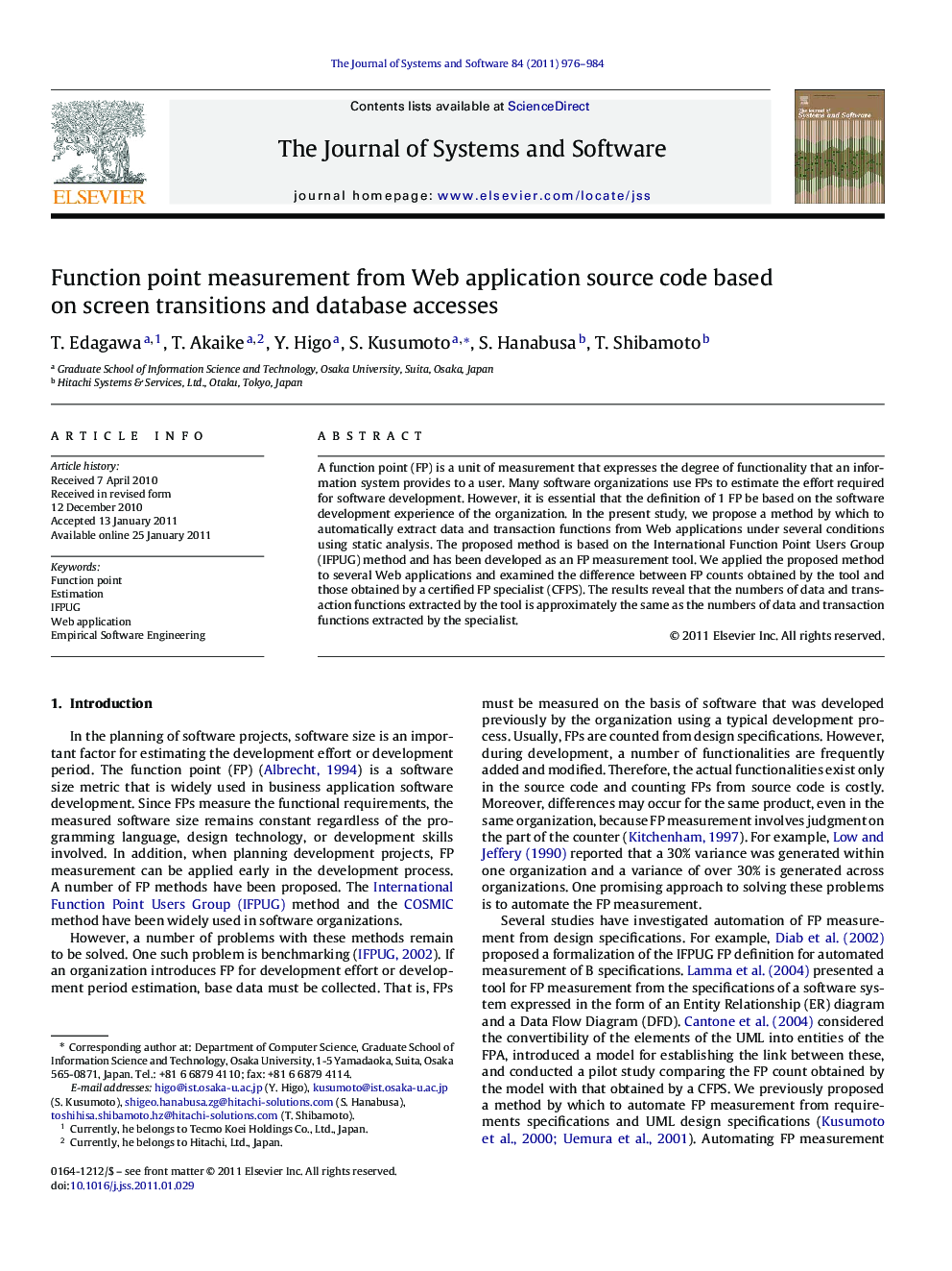 Function point measurement from Web application source code based on screen transitions and database accesses