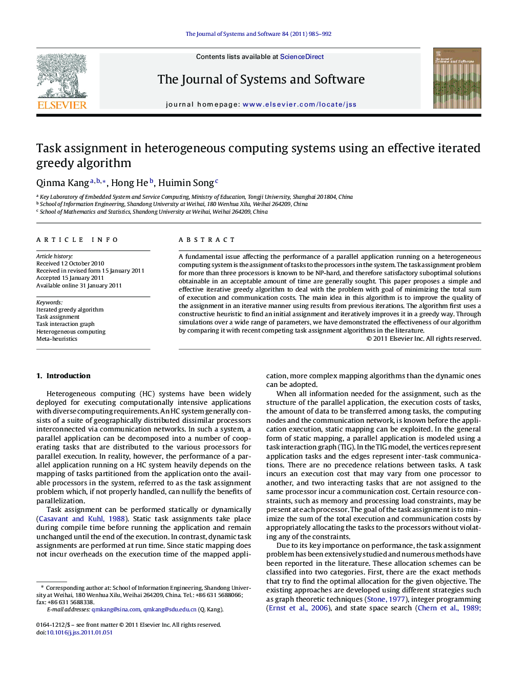 Task assignment in heterogeneous computing systems using an effective iterated greedy algorithm