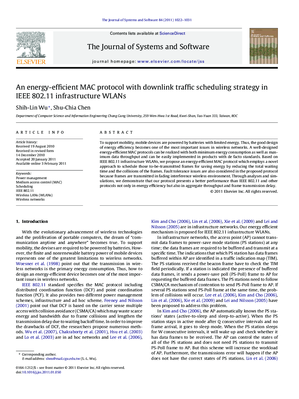عکس صفحه اول مقاله: An energy-efficient MAC protocol with downlink traffic scheduling strategy in IEEE 802.11 infrastructure WLANs An energy-efficient MAC protocol with downlink traffic scheduling strategy in IEEE 802.11 infrastructure WLANs