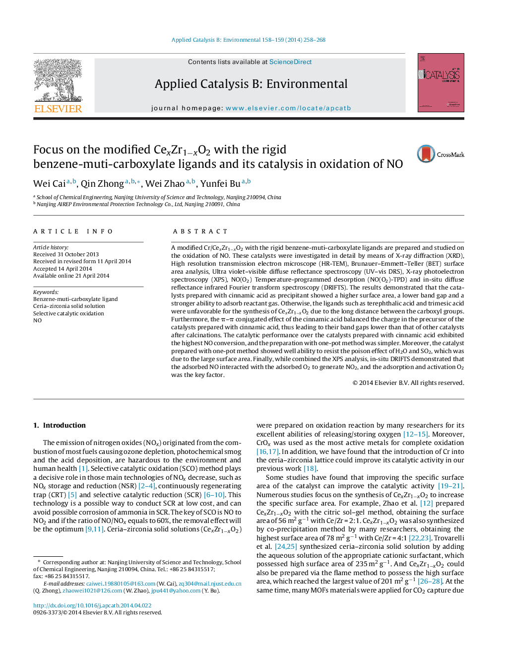 Focus on the modified CexZr1−xO2 with the rigid benzene-muti-carboxylate ligands and its catalysis in oxidation of NO