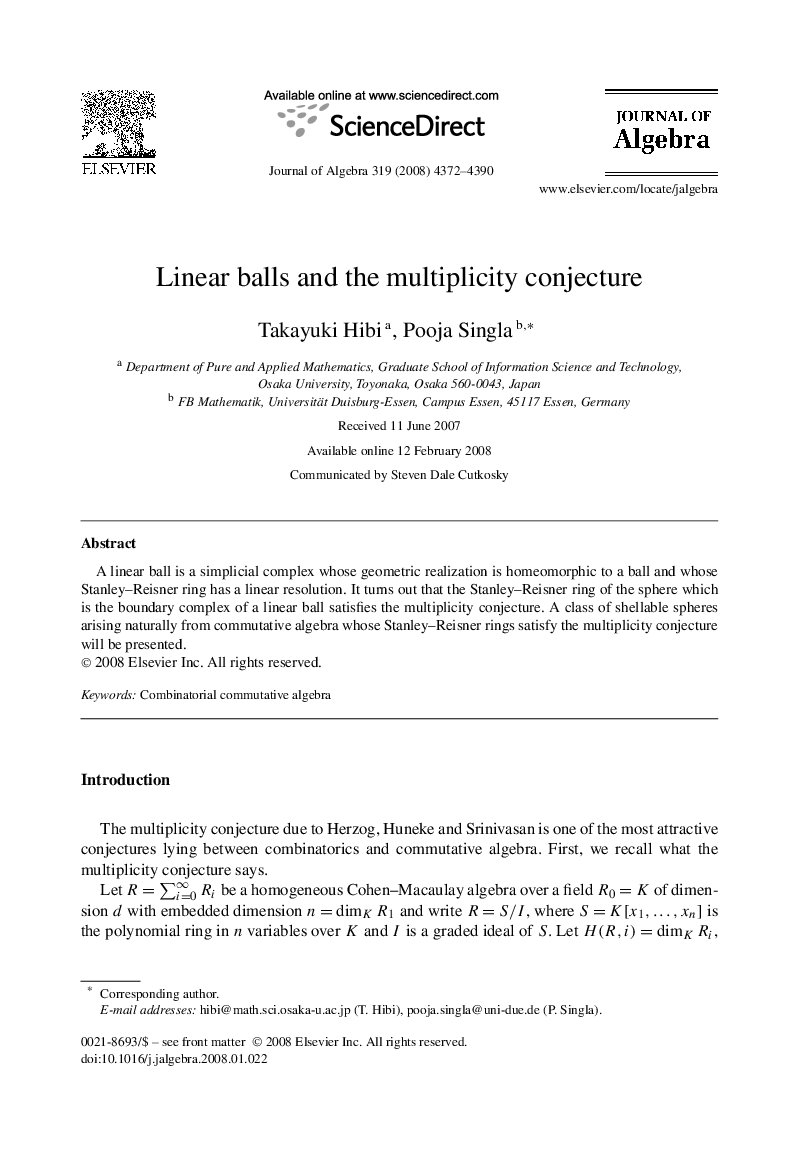 عکس صفحه اول مقاله: Linear balls and the multiplicity conjecture Linear balls and the multiplicity conjecture