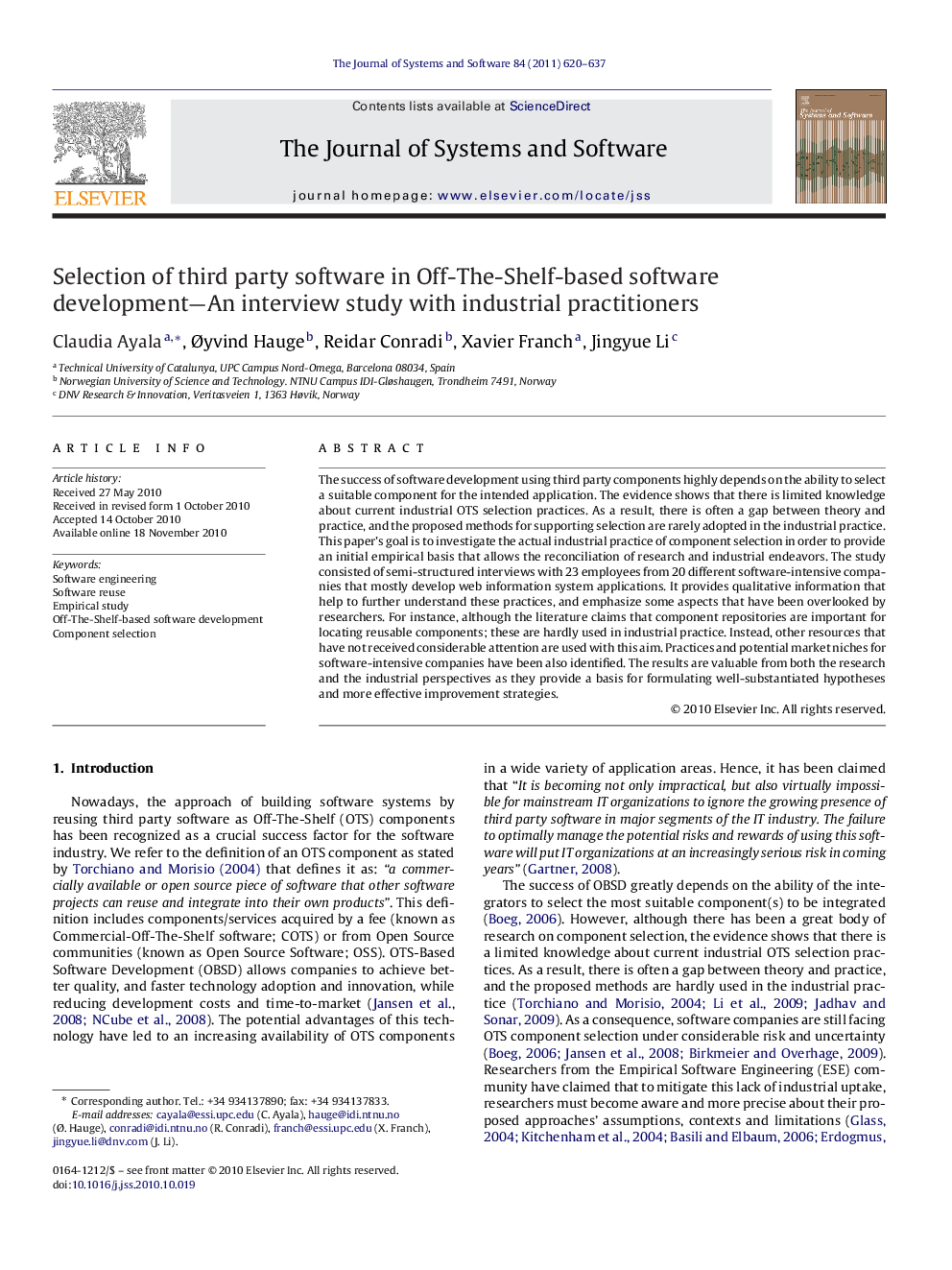 Selection of third party software in Off-The-Shelf-based software development—An interview study with industrial practitioners